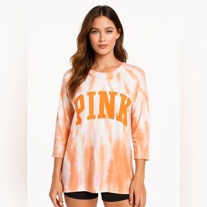 Victoria Secret "PINK" orange tie-dye t shirt 3/4 Sleeve Round Neck Medium Y2K‎